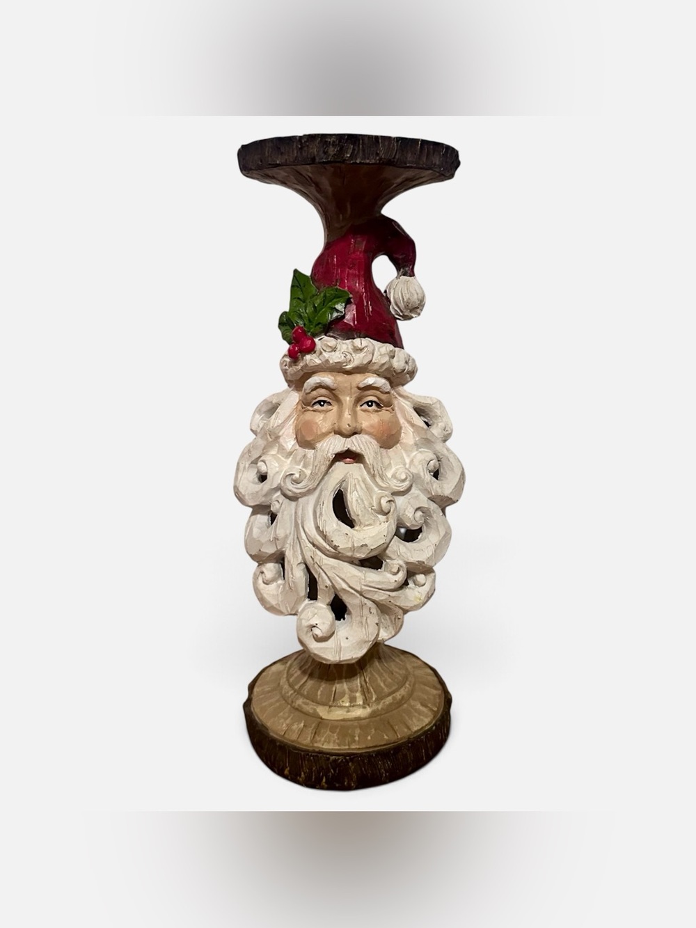 Vintage Folk Art Style Santa Head With Cutout Beard Pillar Candle Holder Stand